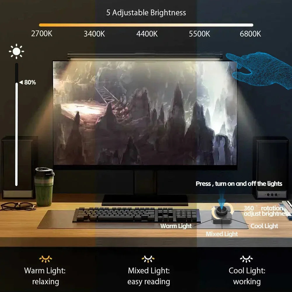 Barra de luz led para tela de computador, iluminação rgb, 44cm, suspensão, rgb, atmosfera, para estudo, trabalho, estudo, jogos