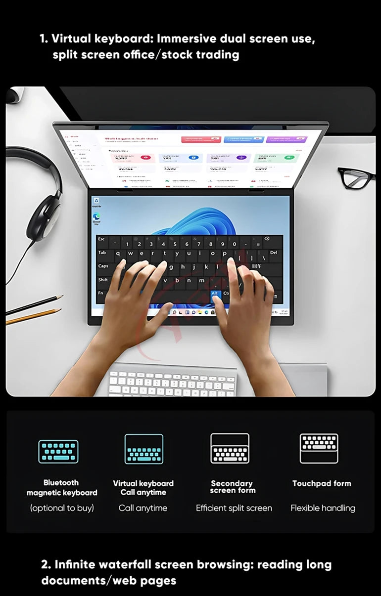 2025 novo 14 Polegada + 14 Polegada dupla tela de toque notebook 12th n95 alumínio yoga laptops para negócios escritório educação portátil