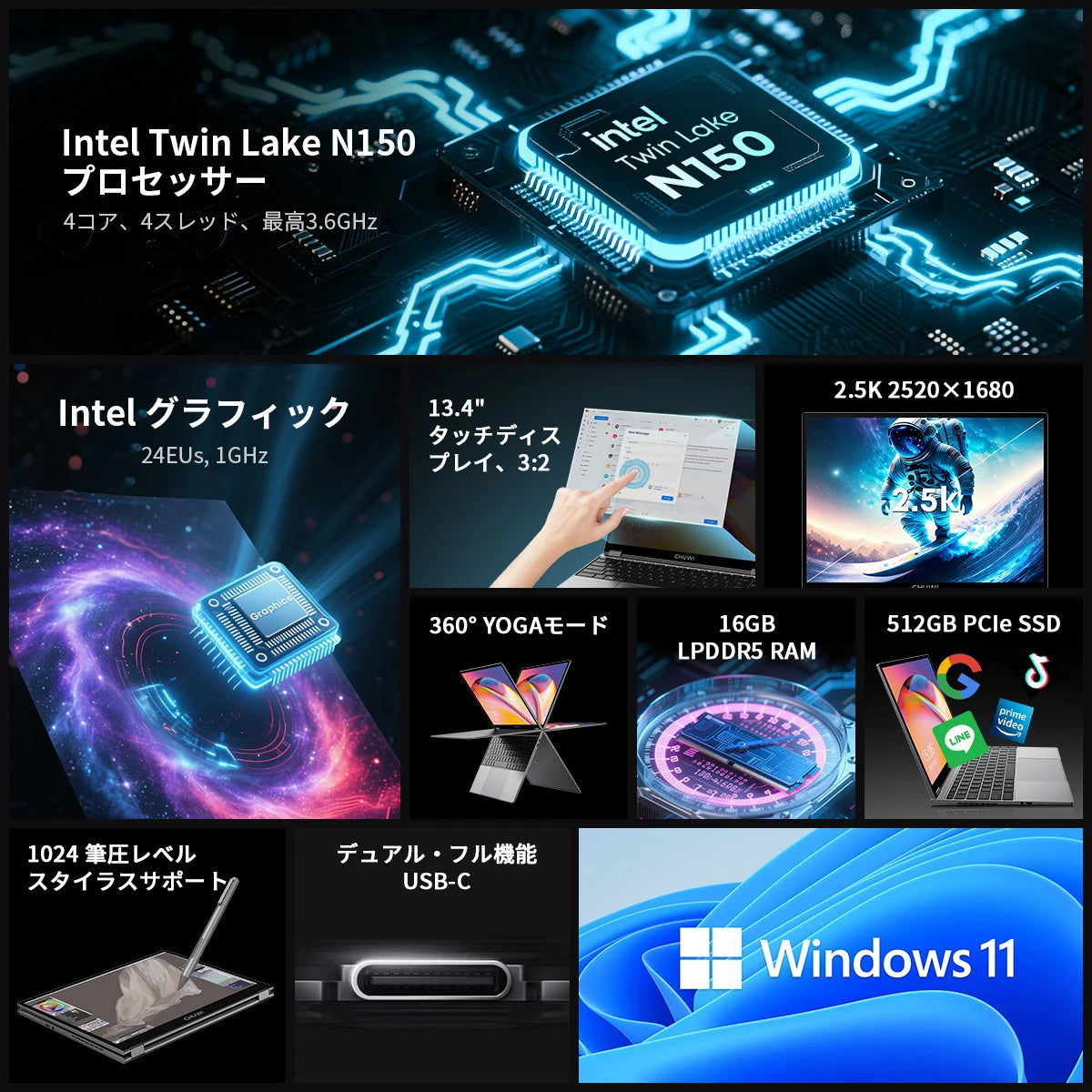 CHUWI FreeBook Laptop 2-em-1 Intel N150 Tela Touch de 13.5'' 2.5K 16GB RAM LPDDR5 512GB SSD WiFi6 BT5.2 Notebook Conveniente para Escritório
