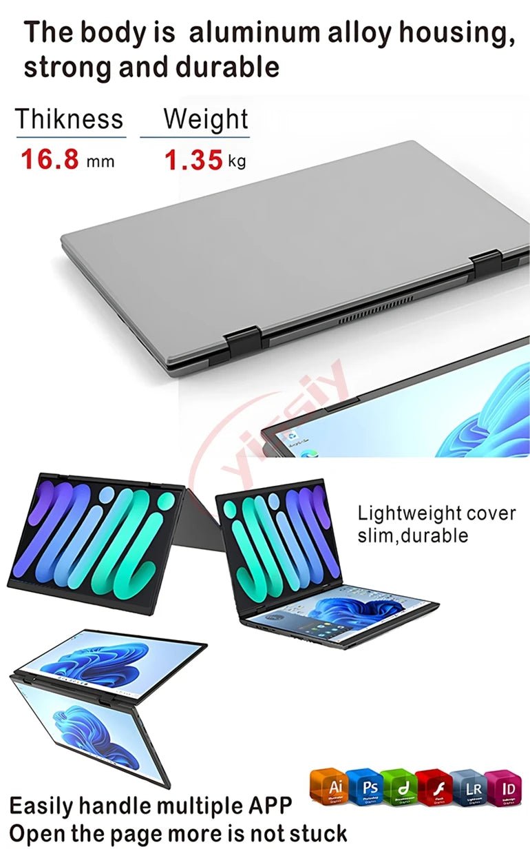2025 novo 14 Polegada + 14 Polegada dupla tela de toque notebook 12th n95 alumínio yoga laptops para negócios escritório educação portátil