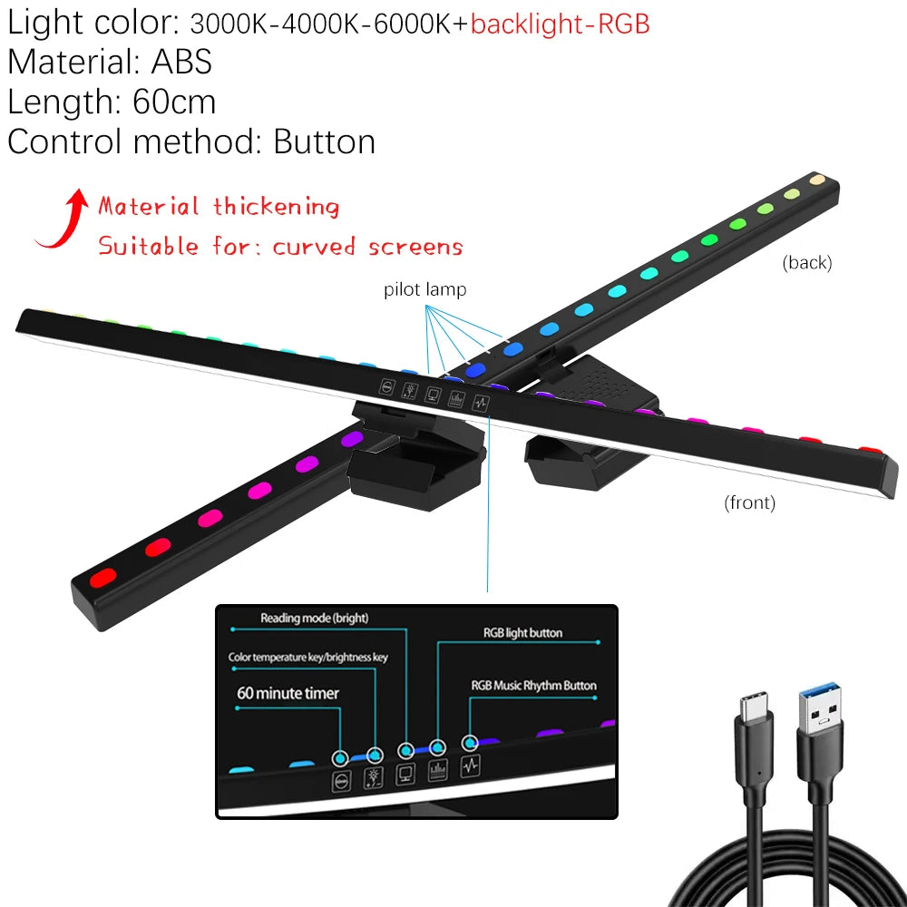 33-60cm monitor barra de luz pc rgb iluminação de fundo proteção para os olhos escurecimento leitura/jogos/lâmpada de trabalho cronometrada luz noturna