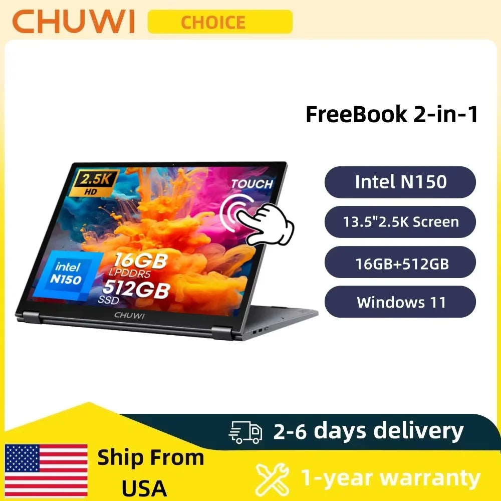CHUWI FreeBook Laptop 2-em-1 com Tela Touch de 13.4'' Intel N150 16GB LPDDR5 RAM 512GB SSD FHD 2520x1680 WiFi6 BT5.2 Windows 11