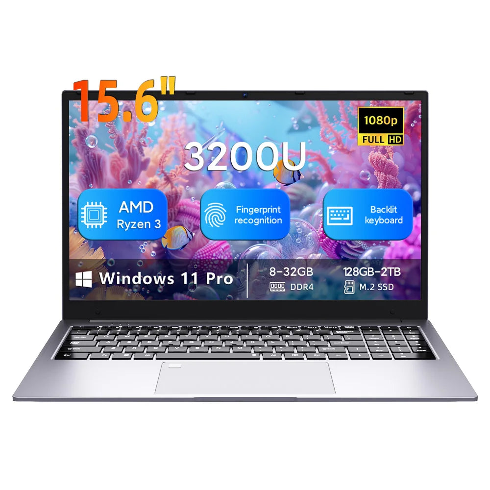 BEEX Laptop para Jogos de 15.6 polegadas com Leitor de Impressão Digital, Ryzen 3 3200U, Windows 11, 8GB de RAM DDR4, SSD de 256/512GB, Wifi 2.4G/5.0G