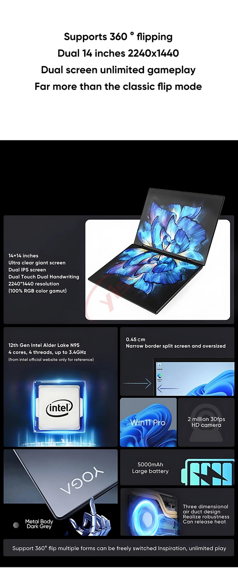 2025 novo 14 Polegada + 14 Polegada dupla tela de toque notebook 12th n95 alumínio yoga laptops para negócios escritório educação portátil
