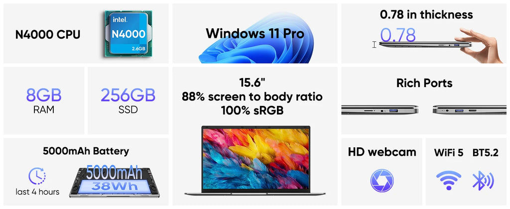 15.6 "computador portátil fino e portátil intel celeron n4000 8gb ram 256gb ssd fhd 1920x1080 16:9 display para trabalho e estudo
