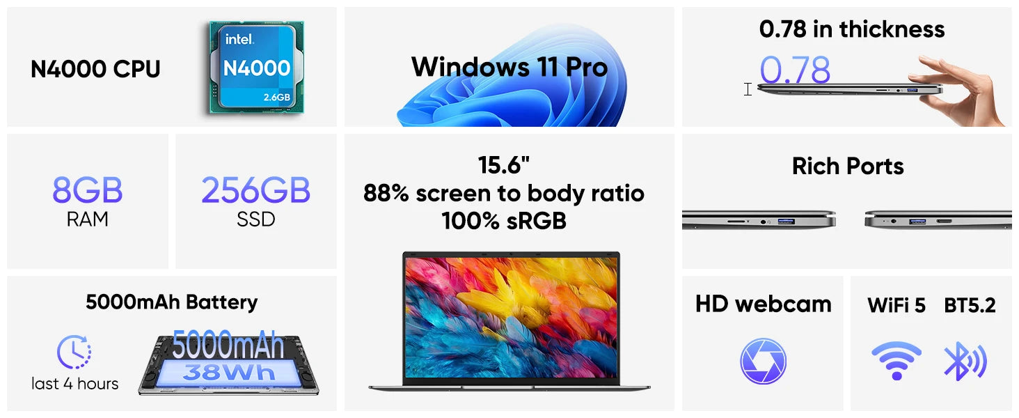 15.6 "computador portátil fino e portátil intel celeron n4000 8gb ram 256gb ssd fhd 1920x1080 16:9 display para trabalho e estudo