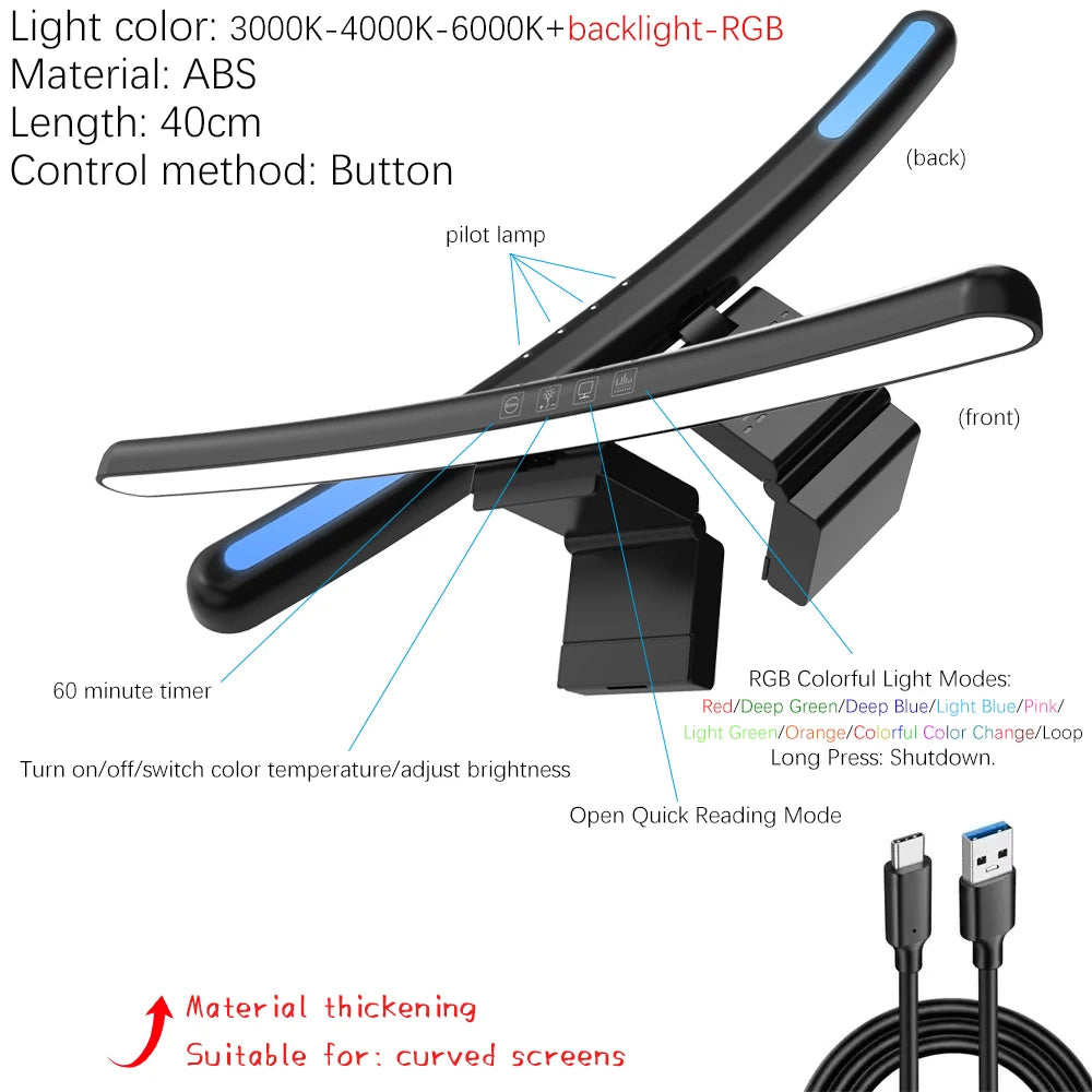 33-60cm monitor barra de luz pc rgb iluminação de fundo proteção para os olhos escurecimento leitura/jogos/lâmpada de trabalho cronometrada luz noturna