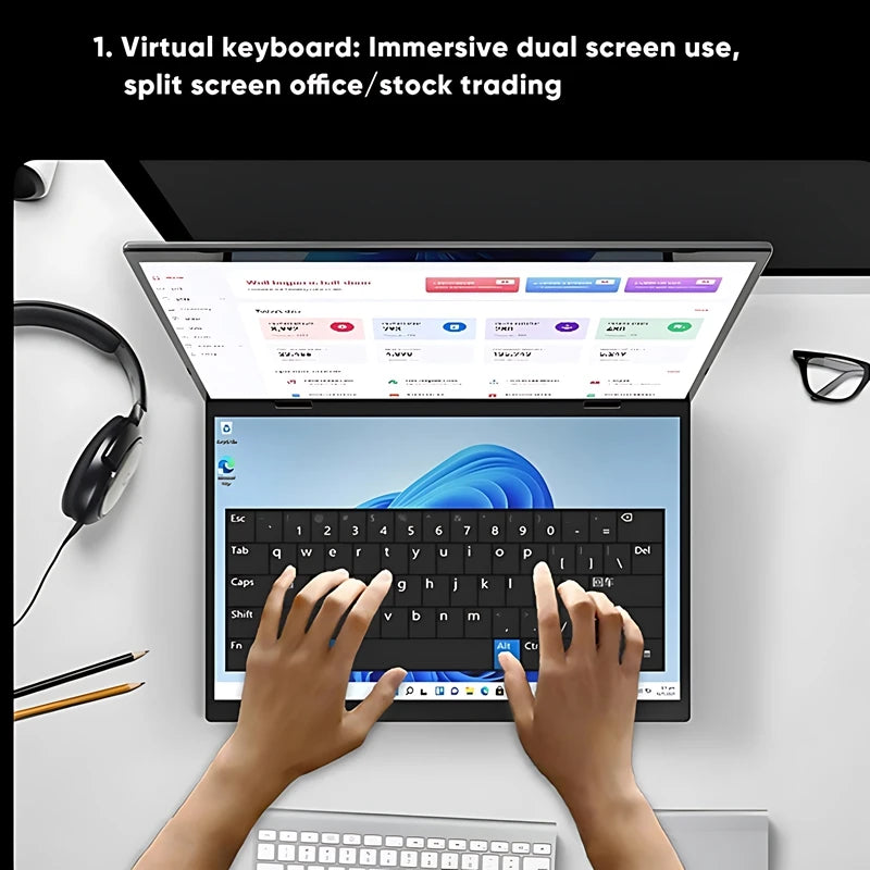 2025 novo 14 Polegada + 14 Polegada dupla tela de toque notebook 12th n95 alumínio yoga laptops para negócios escritório educação portátil