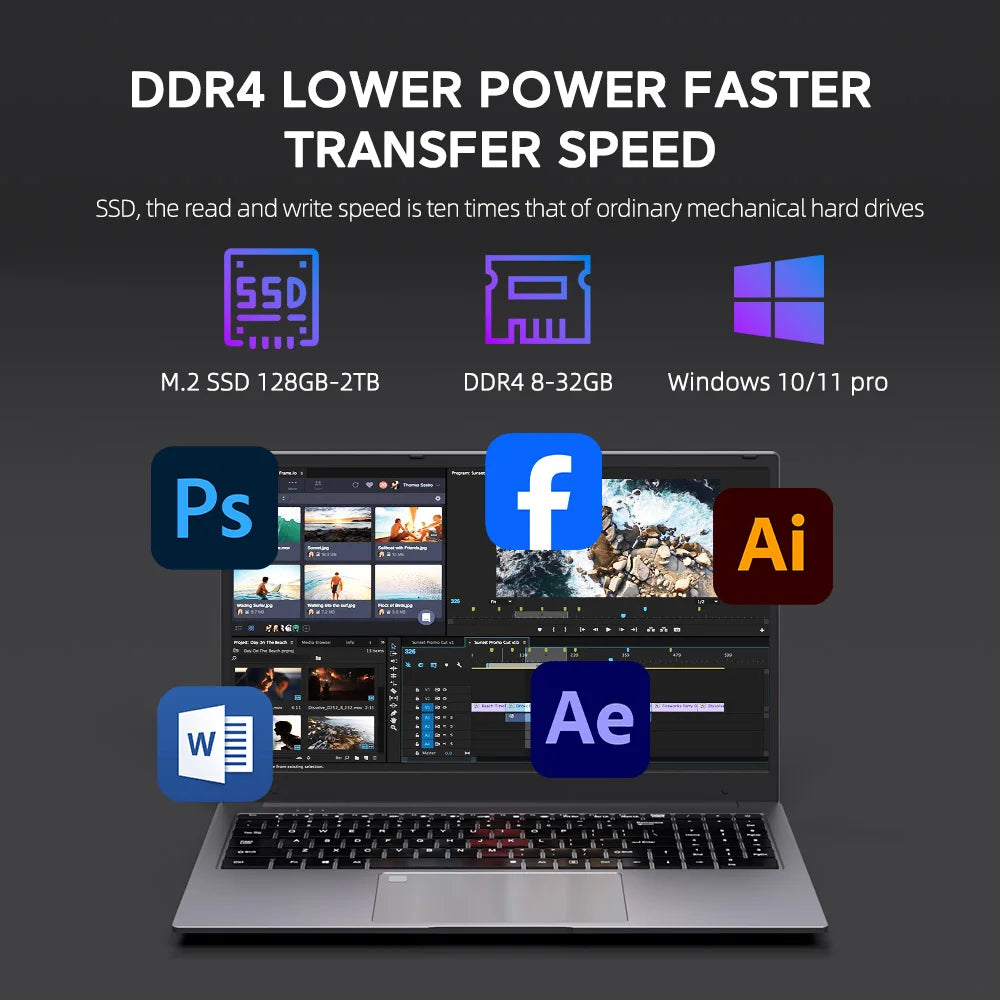 BEEX Laptop para Jogos de 15.6 polegadas com Leitor de Impressão Digital, Ryzen 3 3200U, Windows 11, 8GB de RAM DDR4, SSD de 256/512GB, Wifi 2.4G/5.0G