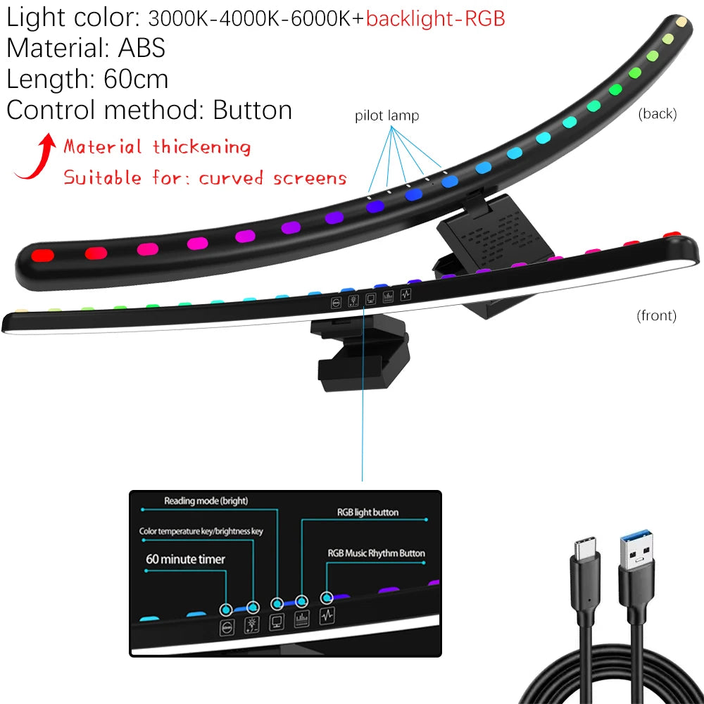 33-60cm monitor barra de luz pc rgb iluminação de fundo proteção para os olhos escurecimento leitura/jogos/lâmpada de trabalho cronometrada luz noturna